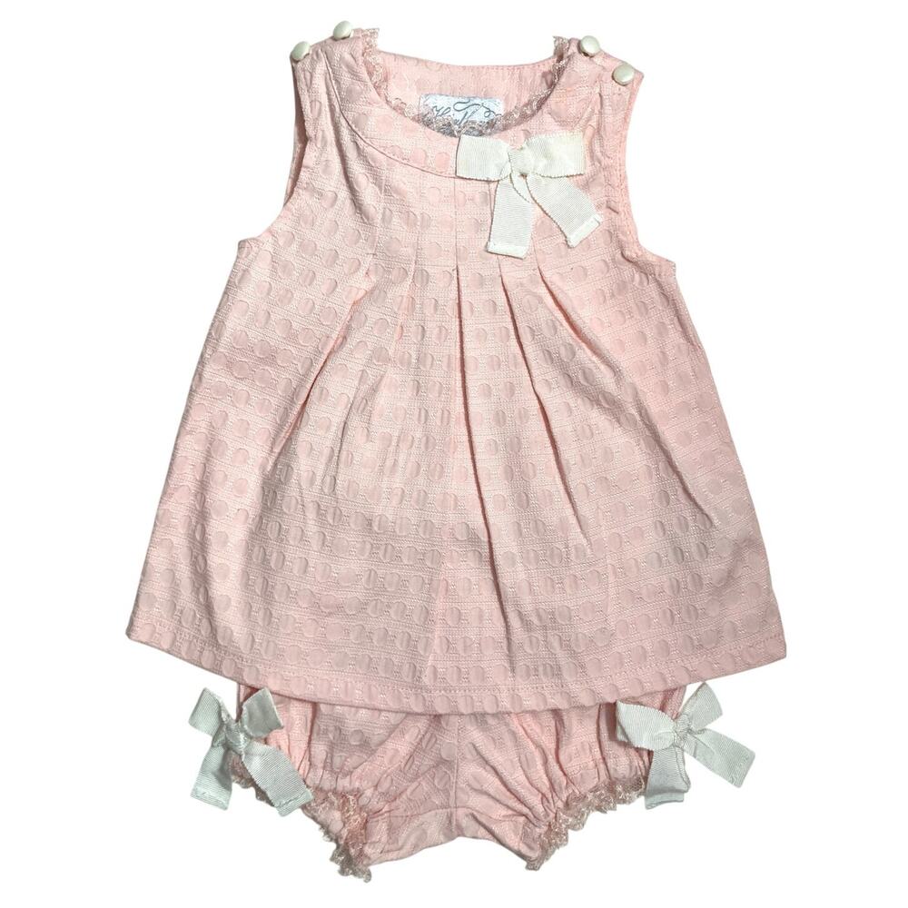 Polly Flinders Heirlooms Pink Two Piece Dress Bloomers Textured Lace Outfit 3-6m
